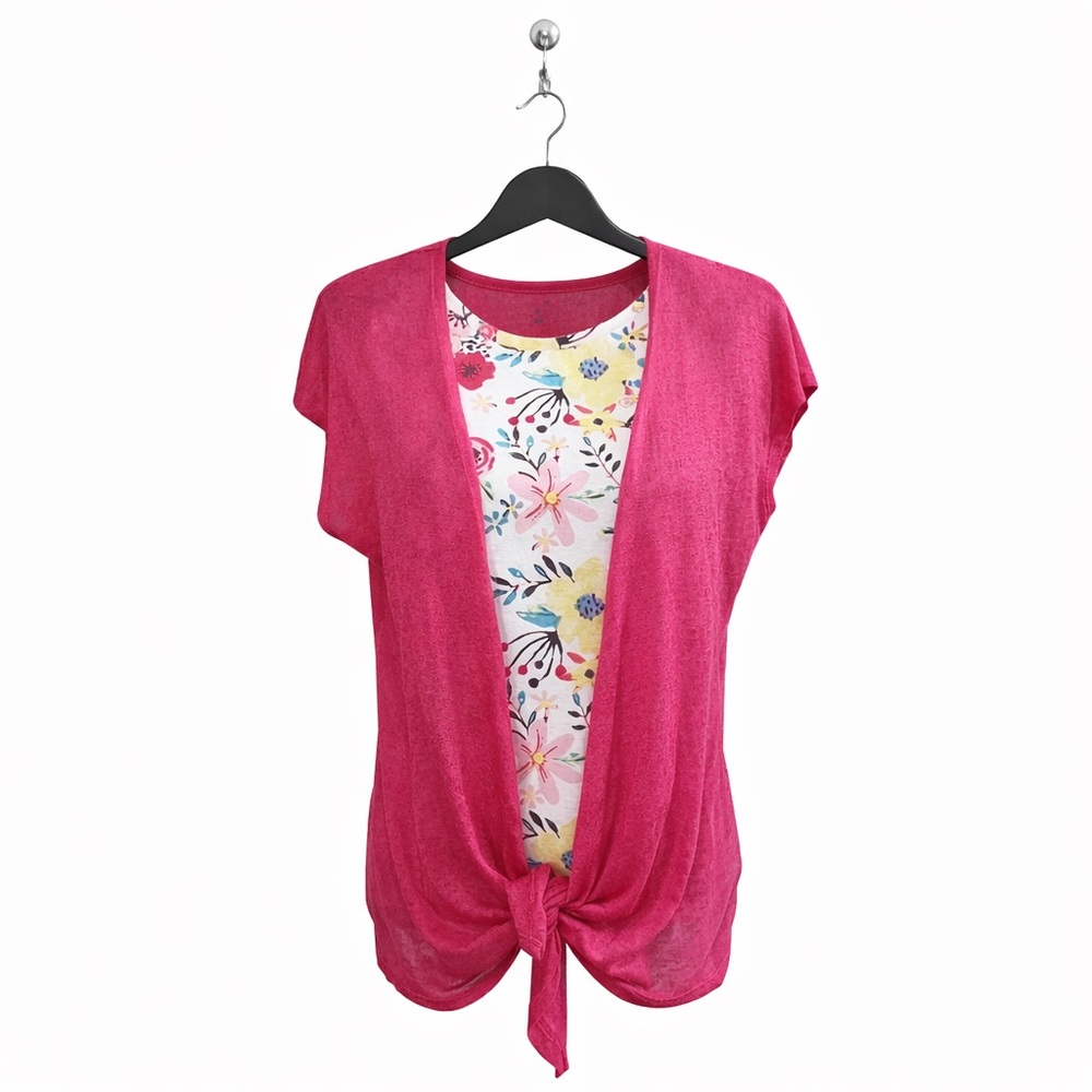 Time & Tru 2pc Set Pink Tie-Front Cardigan & Floral Tank Top, Size Small